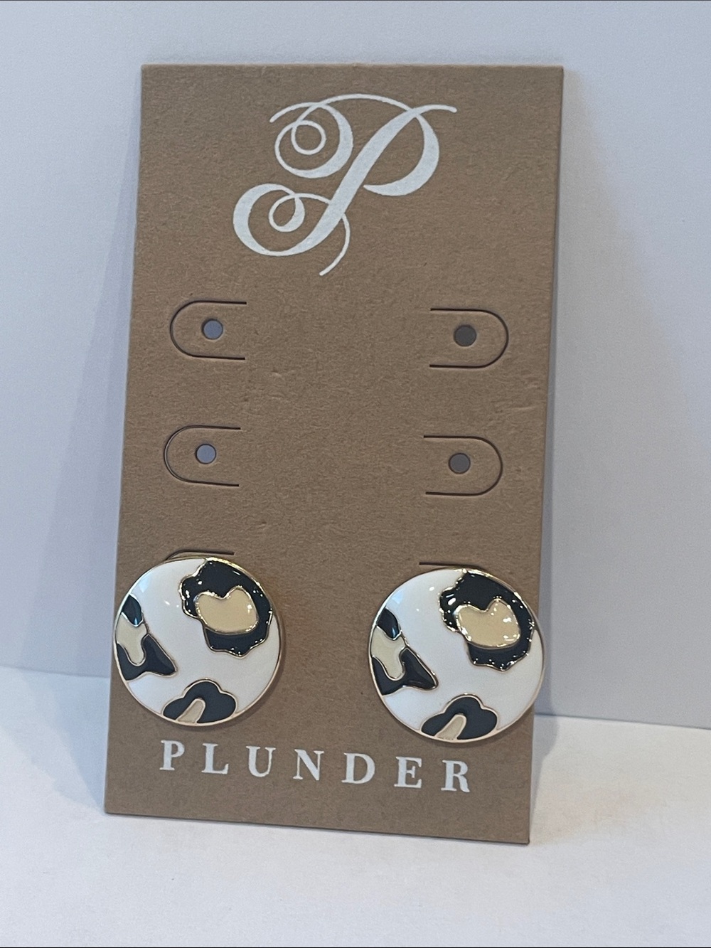 Plunder Round Leopard-Print Studs in White, Black & Gold